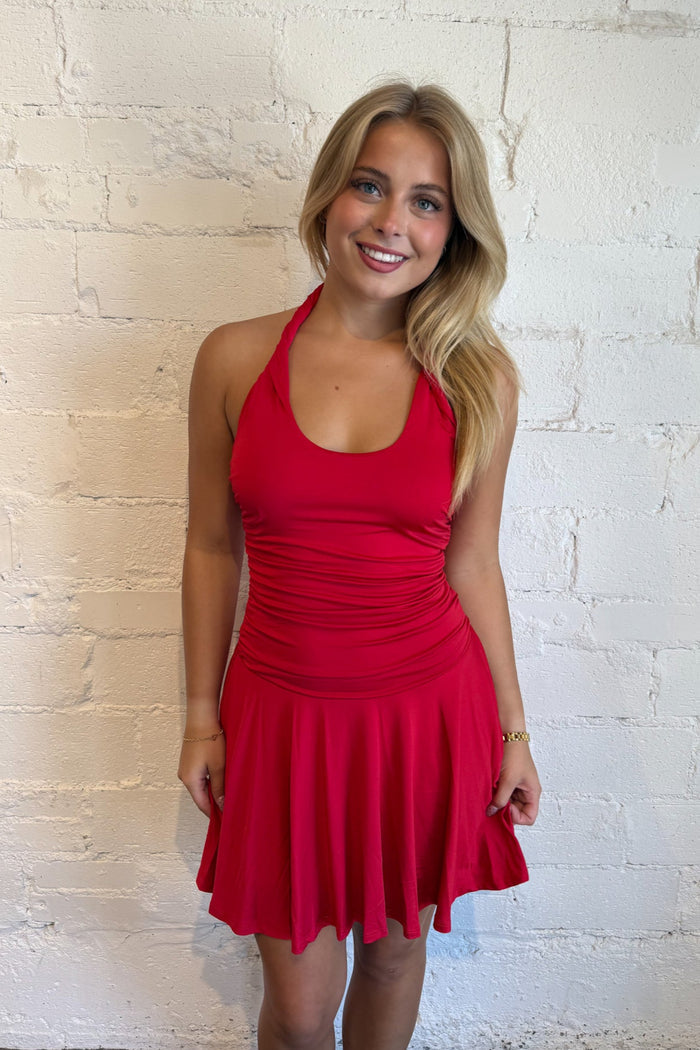 Bailey Dress, Red Dress, Game Day Dress, Adeline Boutique, Dallas Boutique, Vacation Styles, Mini Dress, Halter Dress