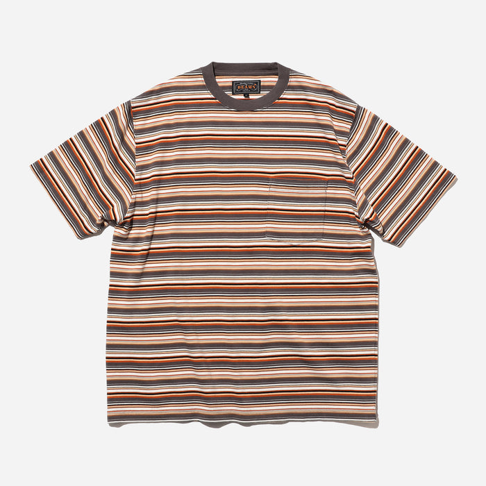Beams Plus MULTI STRIPE POCKET T-SHIRT - GREY/WHITE-ORANGE
