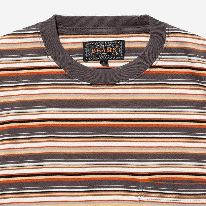 Beams Plus MULTI STRIPE POCKET T-SHIRT - GREY/WHITE-ORANGE