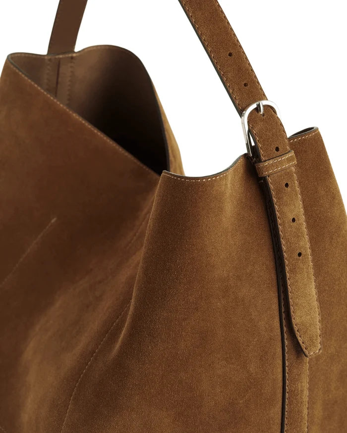 Belted Suede Tote – Adjustable Desert Tan Shoulder Bag