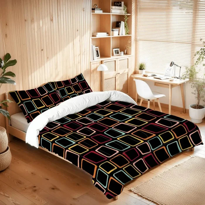 Black 60s Retro Comforter Set: Queen Size Microfiber Bedding - One Size - retro bedding