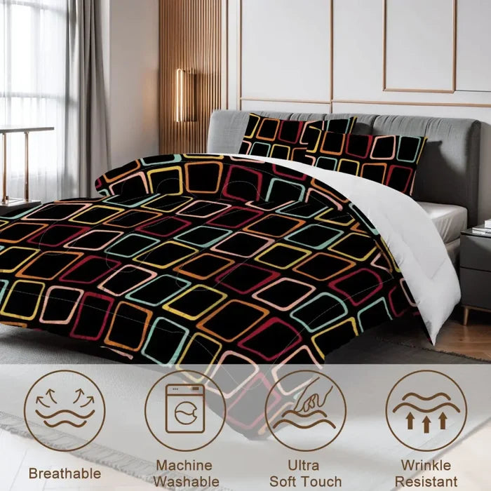 Black 60s Retro Comforter Set: Queen Size Microfiber Bedding - One Size - retro bedding