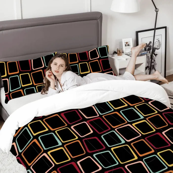 Black 60s Retro Comforter Set: Queen Size Microfiber Bedding - One Size - retro bedding