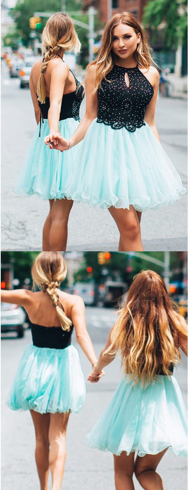 Black Lace Tiffany Blue Tulle Beading Halter Homecoming Dresses,HD0026