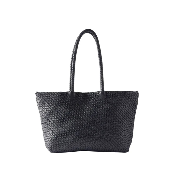 Black Leather Woven Tote Bag
