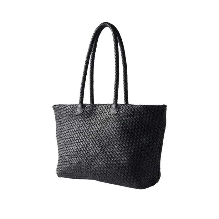 Black Leather Woven Tote Bag