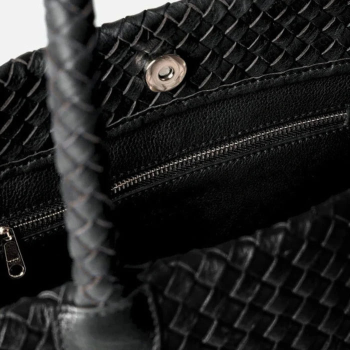 Black Leather Woven Tote Bag