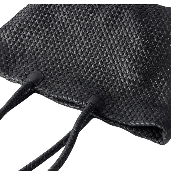 Black Leather Woven Tote Bag