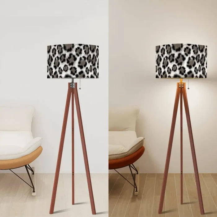 Black White Gray Leopard Wooden Tripod Floor Lamp - Retro Scandi Style Light - retro floor lamps