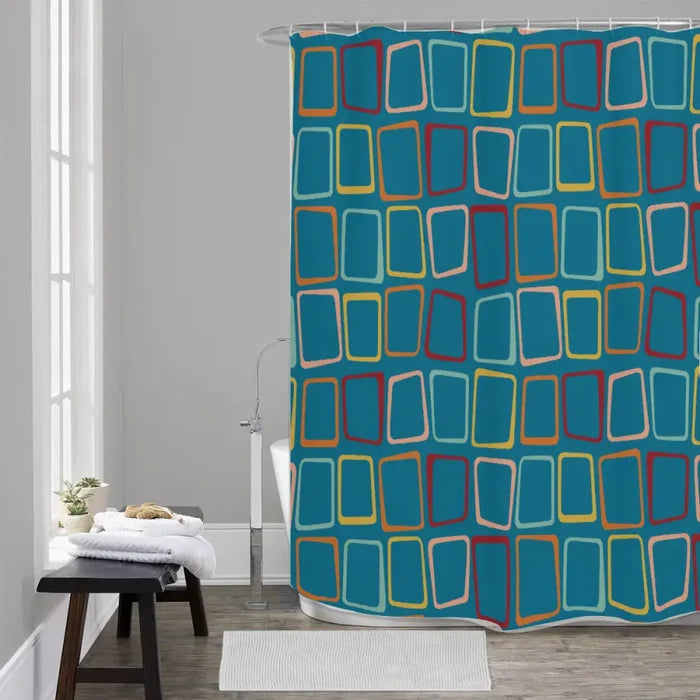 Blue 60s Retro Shower Curtain – Midcentury Modern Bathroom Accent - retro bathroom