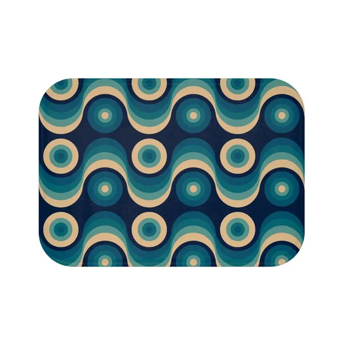 Blue Beige 60s Wave Pattern Bath Mat | Mid Century Home Decor - 24’’ × 17’’ - retro bathroom