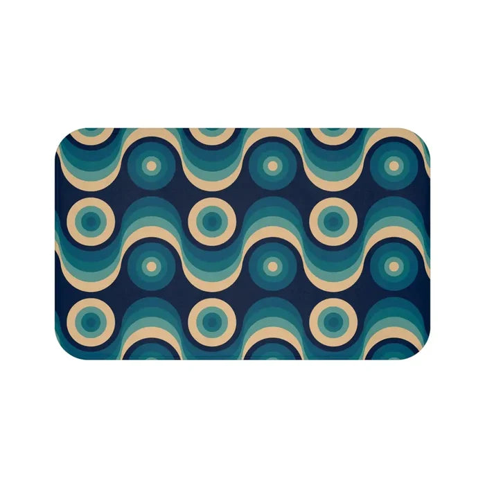 Blue Beige 60s Wave Pattern Bath Mat | Mid Century Home Decor - retro bathroom