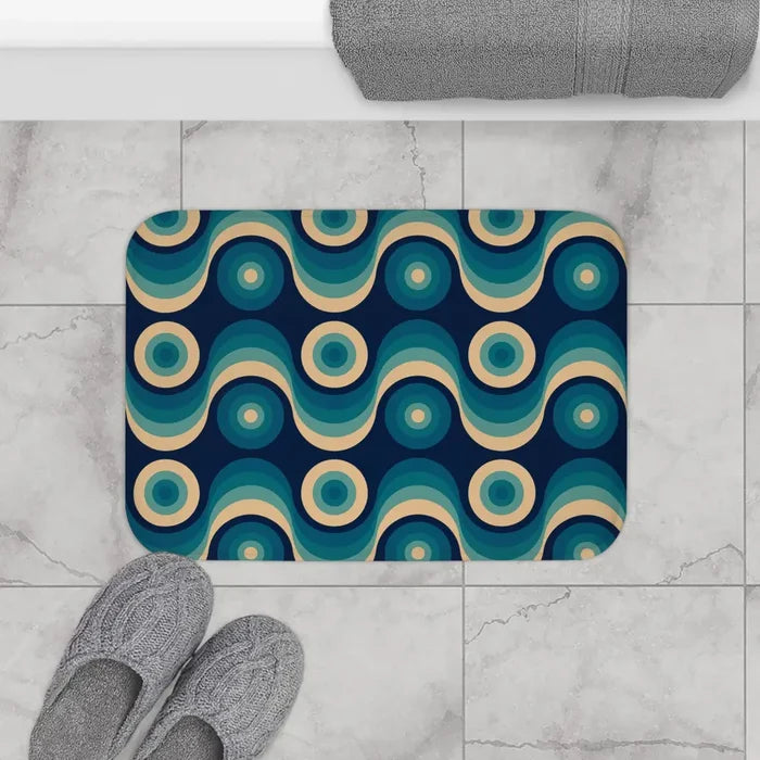 Blue Beige 60s Wave Pattern Bath Mat | Mid Century Home Decor - retro bathroom