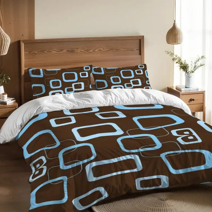 Blue Brown Retro Double Duvet Cover Set: Full Size Midcentury Bedding - retro bedding