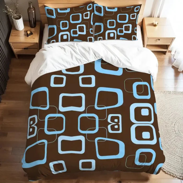 Blue Brown Retro Double Duvet Cover Set: Full Size Midcentury Bedding - retro bedding