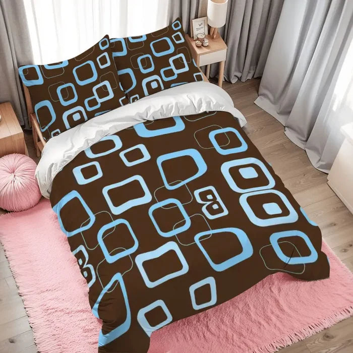 Blue Brown Retro Double Duvet Cover Set: Full Size Midcentury Bedding - retro bedding
