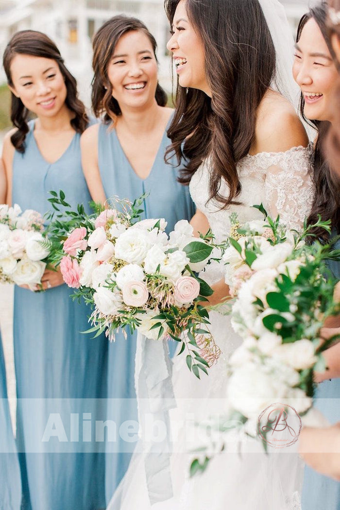 Blue Chiffon V-neck Simple Beach Wedding Bridesmaid Dresses With Splits, AB1226