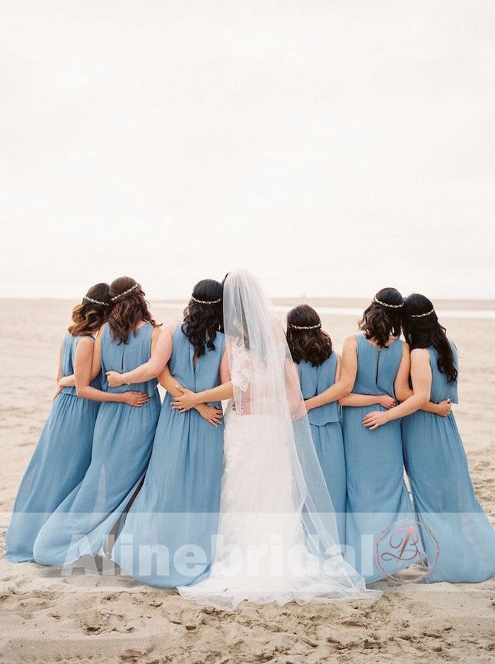 Blue Chiffon V-neck Simple Beach Wedding Bridesmaid Dresses With Splits, AB1226