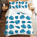 Blue Monstera Leaf Duvet Cover Set: 70s Retro Full Size Microfiber Bedding - retro bedding
