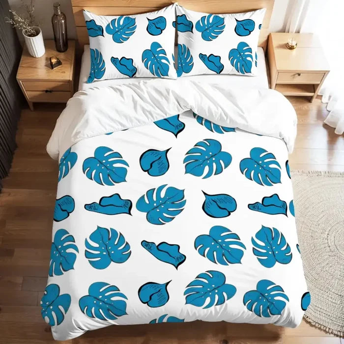 Blue Monstera Leaf Duvet Cover Set: 70s Retro Full Size Microfiber Bedding - retro bedding