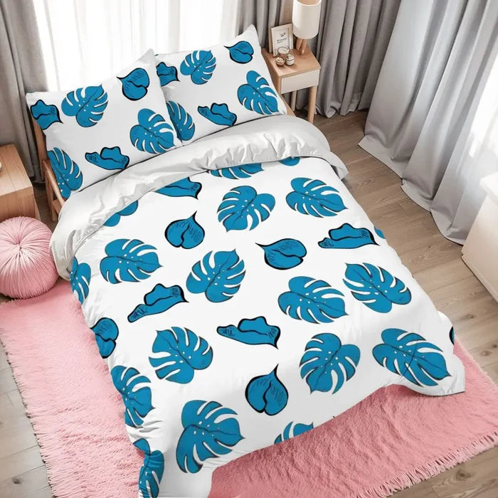 Blue Monstera Leaf Duvet Cover Set: 70s Retro Full Size Microfiber Bedding - retro bedding