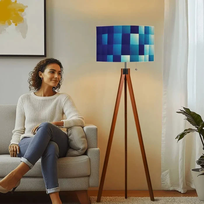 Blue Tones Ombrè Squares Retro Tripod Floor Lamp - Nordic Wooden Light - retro floor lamps
