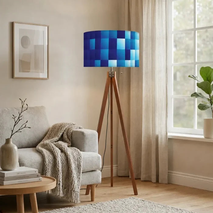 Blue Tones Ombrè Squares Retro Tripod Floor Lamp - Nordic Wooden Light - retro floor lamps