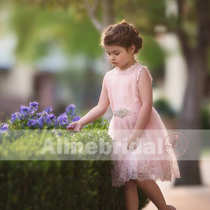 Blush Pink Lace Tulle Flower Girl Dresses With Rhinestone , FGS068