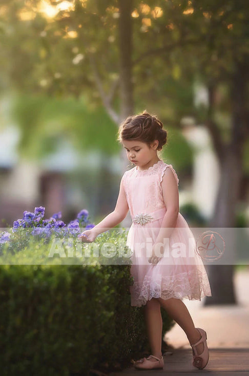 Blush Pink Lace Tulle Flower Girl Dresses With Rhinestone , FGS068