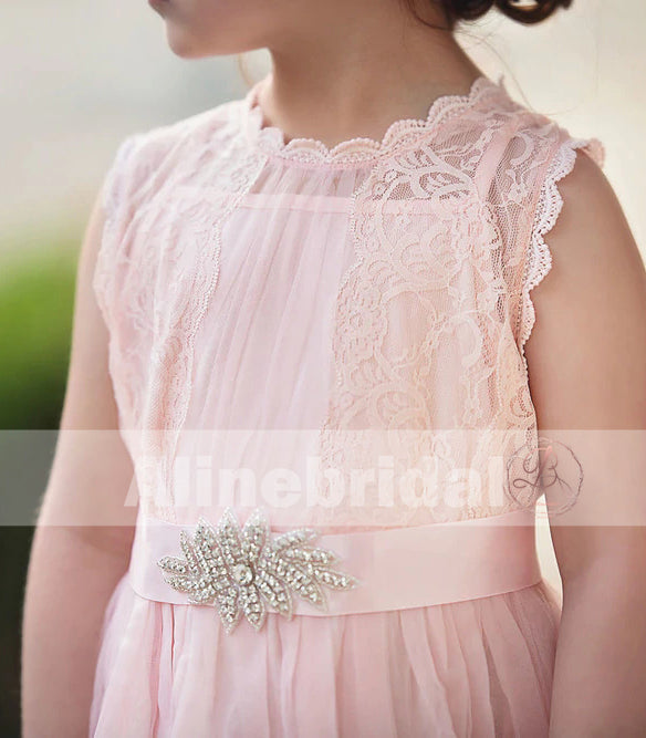 Blush Pink Lace Tulle Flower Girl Dresses With Rhinestone , FGS068