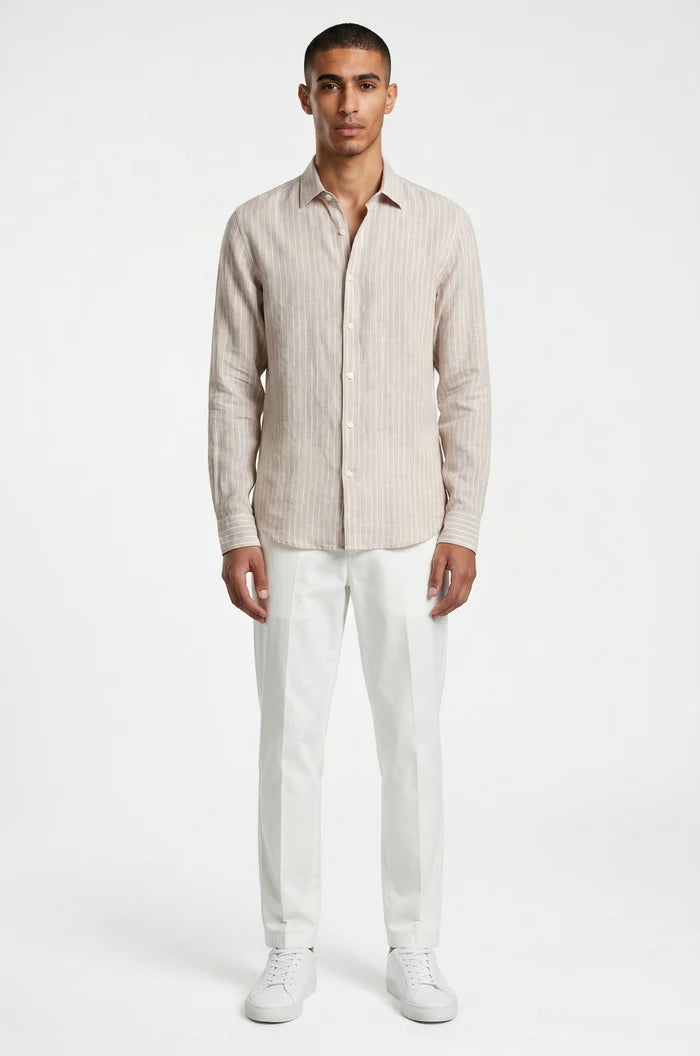 Blutailor beige pinstripe linen shirt in premium breathable fabric with a custom tailored fit, designed for a clean, lightweight, and refined summer look.