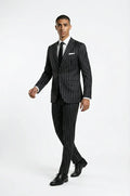 Blutailor Black Striped Formal 2-Piece Suit – a sleek black ensemble featuring subtle stripe detailing, a bespoke tailored blazer, and matching trousers, crafted for a sharp, refined silhouette ideal for formal and business occasions.