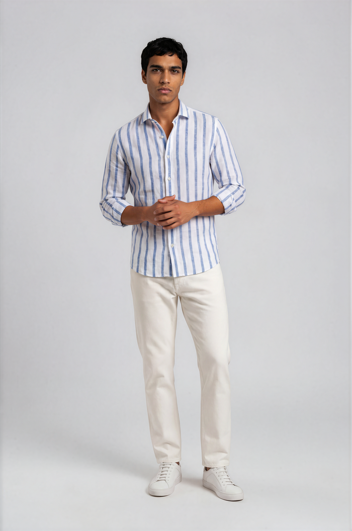 Blutailor blue pencil striped linen shirt in premium cotton-linen fabric with a custom tailored fit, designed for a lightweight, breathable, and refined summer look.