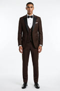 Blutailor chocolate brown peak lapel 3 piece tuxedo in premium fabric with a custom tailored fit, featuring a sleek blazer, waistcoat, and trousers for a rich and sophisticated formal look.