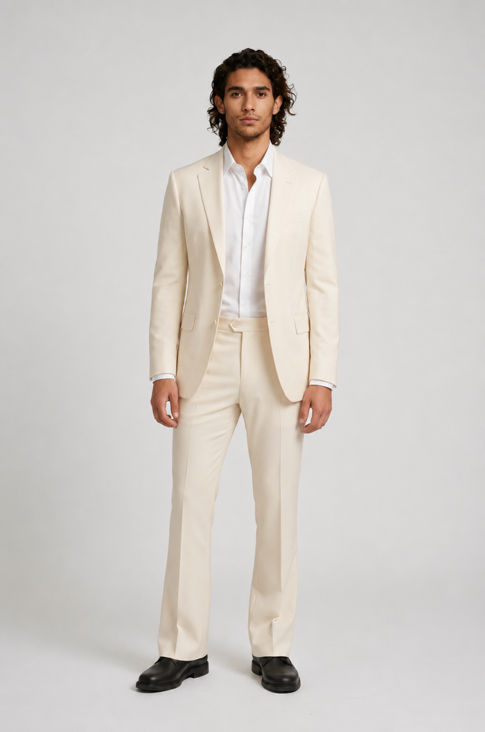 Blutailor Ivory bell bottoms 2-piece suit in premium fabric with a custom tailored fit, featuring a structured blazer and subtle flared trousers for a refined, elegant look.