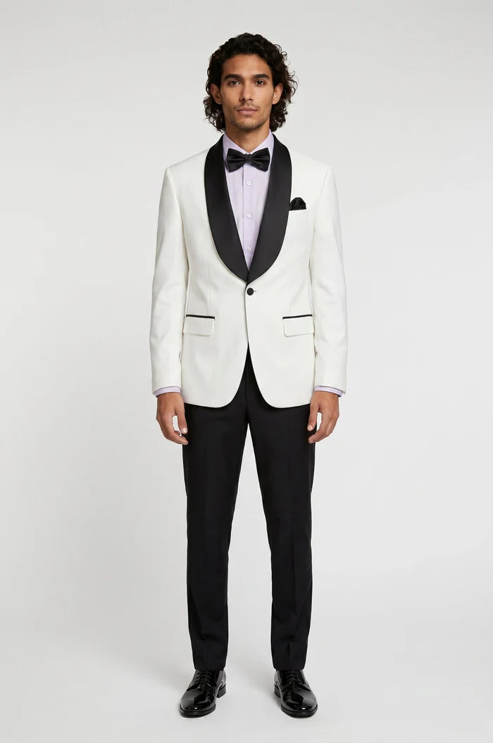 Blutailor ivory broad lapel 2 piece tuxedo in premium fabric with a custom tailored fit, featuring a sharp structured silhouette and refined detailing for an elegant formal look.