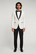 Blutailor ivory shawl lapel 3 piece tuxedo in premium fabric with a custom tailored fit, featuring a sleek blazer, waistcoat, and trousers for a refined and elegant formal look.