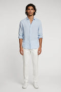 Blutailor light blue linen shirt in premium breathable linen with a custom tailored fit, designed for a clean, airy, and effortless summer look.