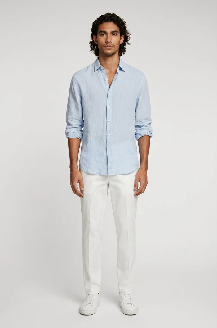 Blutailor light blue linen shirt in premium breathable linen with a custom tailored fit, designed for a clean, airy, and effortless summer look.