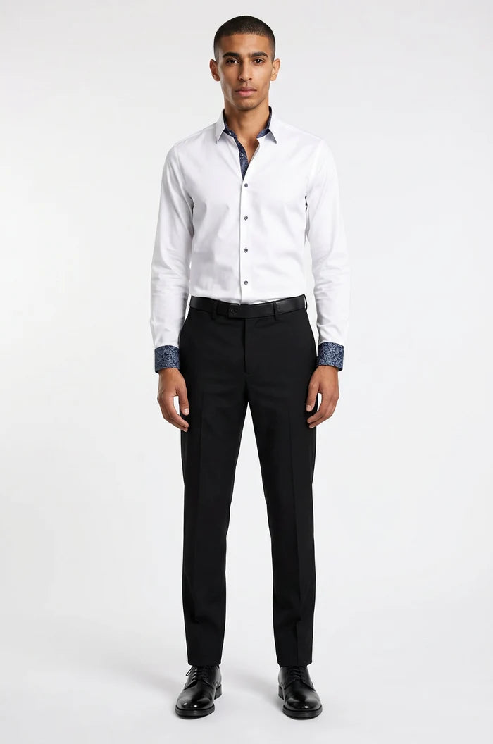 Men's Blutailor White Sapphire Paisley Accent Shirt crafted from premium Giza cotton, featuring a crisp white base, elegant sapphire paisley detailing, tailored fit, button-front design, and a sophisticated aesthetic suitable for formal, business, and smart-casual occasions.