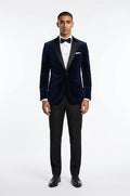 Blutailor midnight blue velvet peak lapel 3 piece tuxedo in premium velvet fabric with a custom tailored fit, featuring a sleek blazer, waistcoat, and trousers for a luxurious and sophisticated formal look.