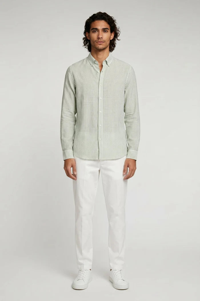 Blutailor sage pinstripe linen shirt in breathable premium linen with a custom tailored fit, designed for a clean, airy, and refined summer look.