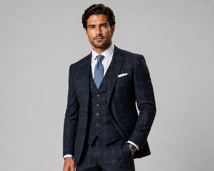 Men's Blutailor Signature Collection Navy Windsor Grid 3-Piece Suit crafted from 100% worsted wool, featuring a sophisticated navy grid check pattern, tailored-fit blazer, matching waistcoat and trousers, structured silhouette, refined craftsmanship, and timeless elegance, ideal for business executives, weddings, formal occasions, and luxury occasion wear.