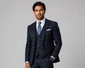 Men's Blutailor Signature Collection Navy Windsor Grid 3-Piece Suit crafted from 100% worsted wool, featuring a sophisticated navy grid check pattern, tailored-fit blazer, matching waistcoat and trousers, structured silhouette, refined craftsmanship, and timeless elegance, ideal for business executives, weddings, formal occasions, and luxury occasion wear.
