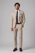 Men's Blutailor Sandstone Elite 2-Piece Suit crafted from non-mulesed 100% Super 100s worsted wool, featuring a sophisticated sandstone beige hue, tailored-fit blazer with matching trousers, structured silhouette, refined craftsmanship, and timeless elegance, ideal for business wear, destination weddings, formal occasions, and luxury daytime dressing.