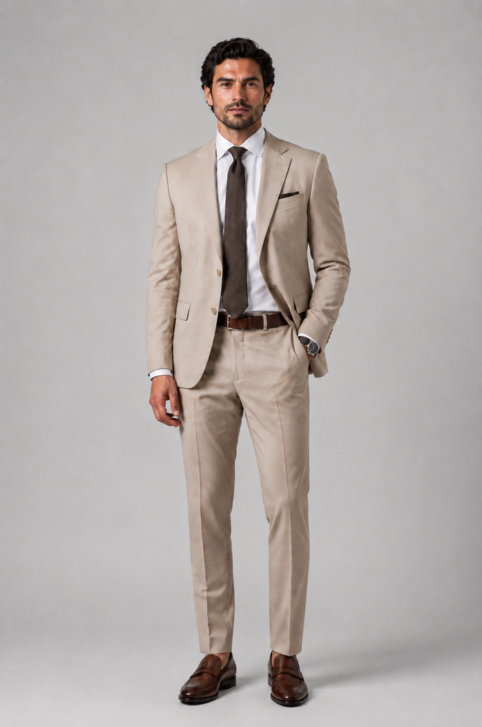 Men's Blutailor Sandstone Elite 2-Piece Suit crafted from non-mulesed 100% Super 100s worsted wool, featuring a sophisticated sandstone beige hue, tailored-fit blazer with matching trousers, structured silhouette, refined craftsmanship, and timeless elegance, ideal for business wear, destination weddings, formal occasions, and luxury daytime dressing.