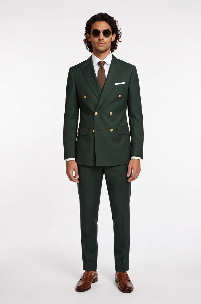 Men's Blutailor Savile Forest Double-Breasted Suit crafted from premium worsted wool, featuring a rich forest green finish, sharp peak lapels, and matching tailored trousers for timeless elegance and refined formal sophistication.