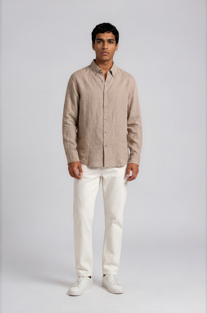 Blutailor taupe linen shirt in premium breathable fabric with a custom tailored fit, designed for a clean, lightweight, and refined summer look.