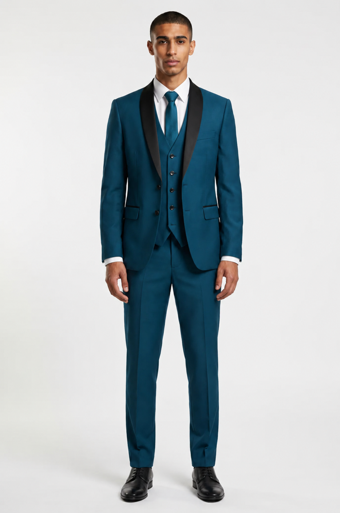 Blutailor teal blue shawl lapel 3 piece tuxedo in premium fabric with a custom tailored fit, featuring a sleek blazer, waistcoat, and trousers for a bold and sophisticated formal look.