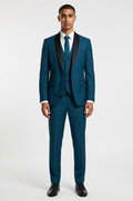 Blutailor teal blue shawl lapel 3 piece tuxedo in premium fabric with a custom tailored fit, featuring a sleek blazer, waistcoat, and trousers for a bold and sophisticated formal look.